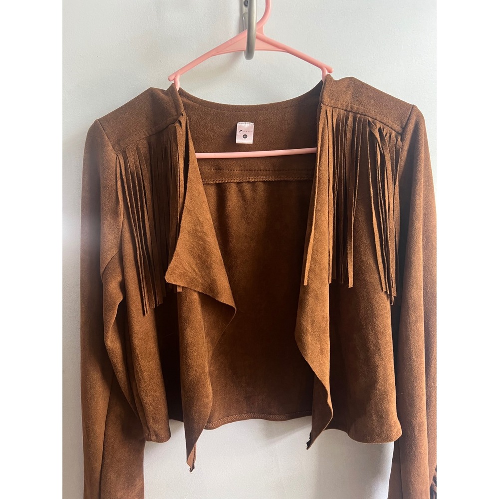 Fornia Women Brown Faux Suede Fringe Western Boho Festival Cropped Jacket M/L